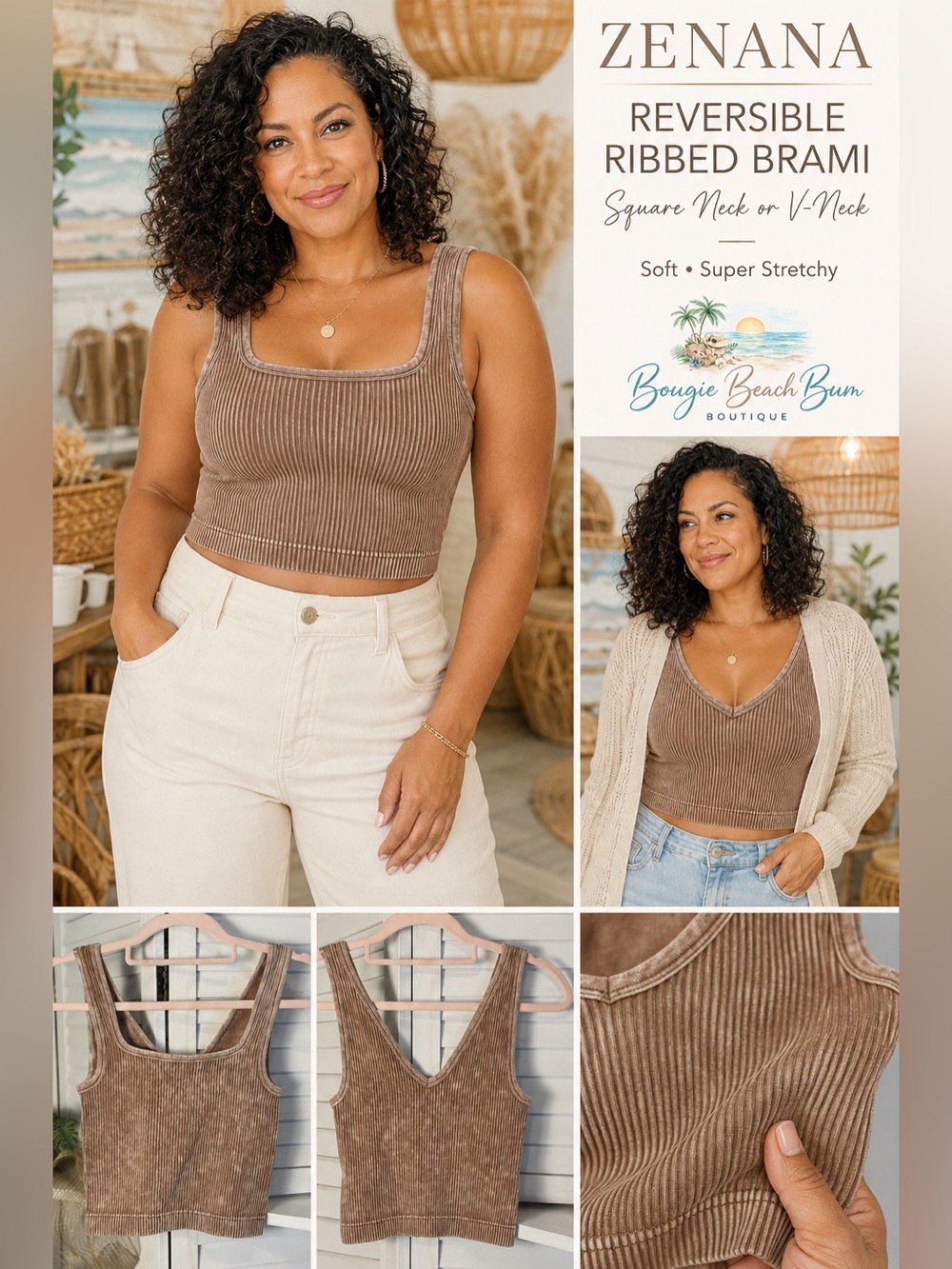 Zenana Outfitters Ribbed Reversible Brami Tank Top in Brown